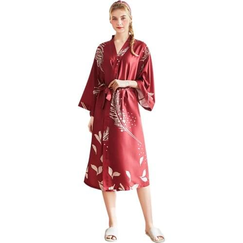 Daeyard Luxury Silk Robe For Women Spring Summer Print Robe Long Bathrobe Fashion Dressing Gown Female Sleepwear Home Clothes