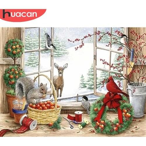 HUACAN 5D Diy Diamond Painting Christmas Scenic Embroidery Mosaic Winter Window Landscape Bird Diamond Art