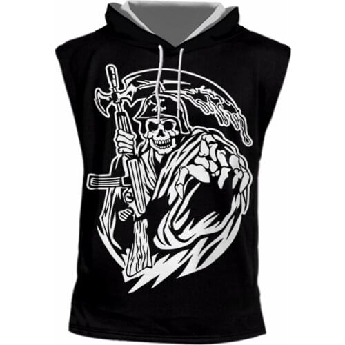 IFPD EU/US Size 3D Print Hooded Tank Top Summer Grim Reaper Skull Print Sleeveless Shirt Plus Size Casual Funny Fitness Vest