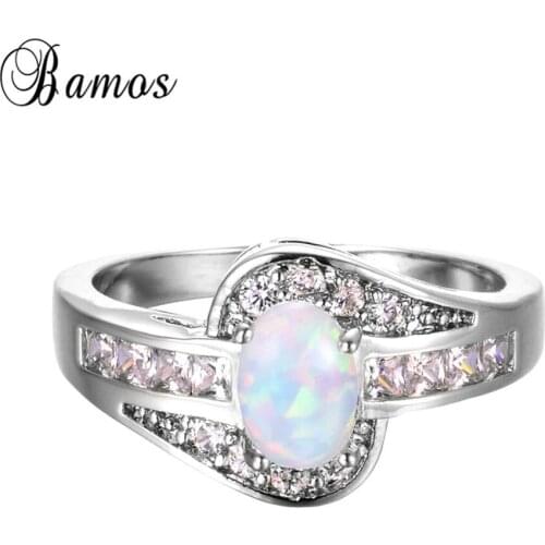 Bamos White Gold Filled Wave Ring White/Blue Fire Oval Opal Finger Rings For Women Girls Luxury Engagement Jewelry Best Gift
