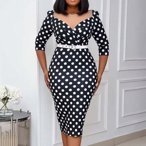 African Dress Women 2021 Spring Office Dress for Woman Fashion African Ladies Bodycon Vintage Polka Dot Print Plus Size Dress