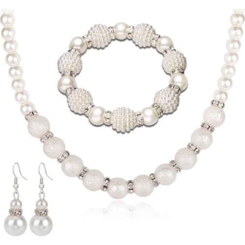 Simple Simulated Pearls Necklace Earrings Bracelet Set Rhinestones Bridal Jewelry Sets for Women Wedding Jewelry