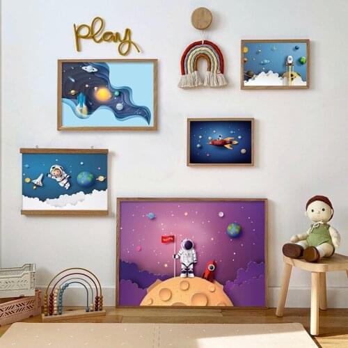 Baby Boy Nursery Wall Art Pictures Cartoon Astronaut Planets Posters and Prints Kids Bedroom Playroom Canvas Painting Home Decor