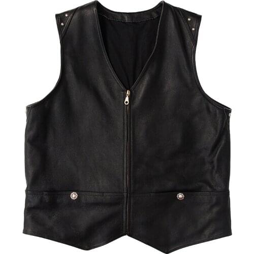 Real Mens Waistcoat Motorcycle Biker Vest Black Genuine Leather Cowhide Sleeveless Jacket Handmade High Quality