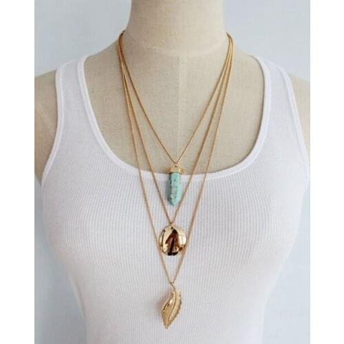 New fashion jewelry hexagonal spike stone leaf multi layer necklace