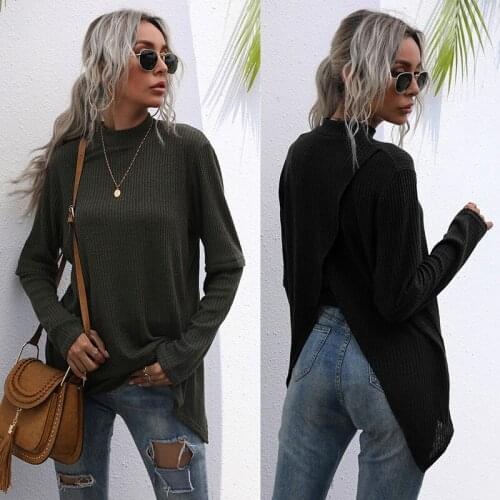 2021 Autumn and Winter New Mid-Collar Solid Color Long Sleeve Mid-Length T-shirt Womens Loose Black Bottoming Shirt