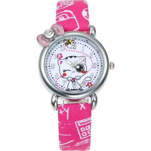 New Cartoon Children Cat Watch Fashion Girl Kids Student diamond Leather Analog Wristwatches Lovely Pink watch Relojes kol saati