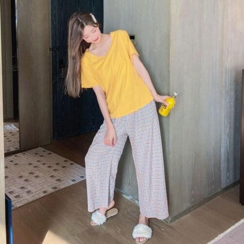 Classic Plaid Pajamas Sets Women Sleepwear Casual V Neck Short Sleeve Elastic Waist Nightwear Retro Female Pyjamas Home Clothes