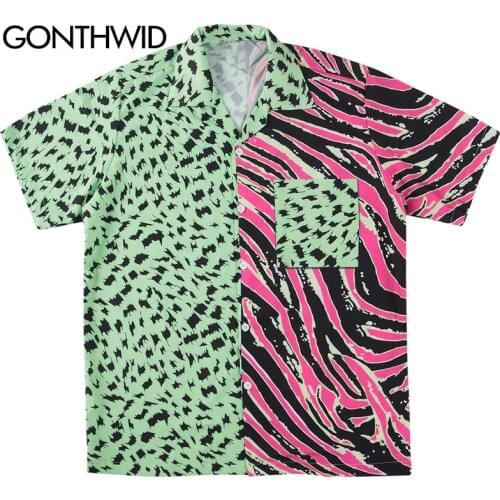 GONTHWID Zebra Stripes Leopard Dots Print Color Block Patchwork Pocket Short Sleeve Hawaiian Shirts Summer Casual Button Tops