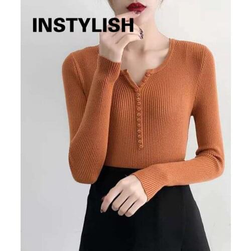 Instylish Women Button V Neck Knitted Sweater Autumn Long Sleeve Vintage Solid Pullover Korean Harajuku Slim Jumpers Knit Top