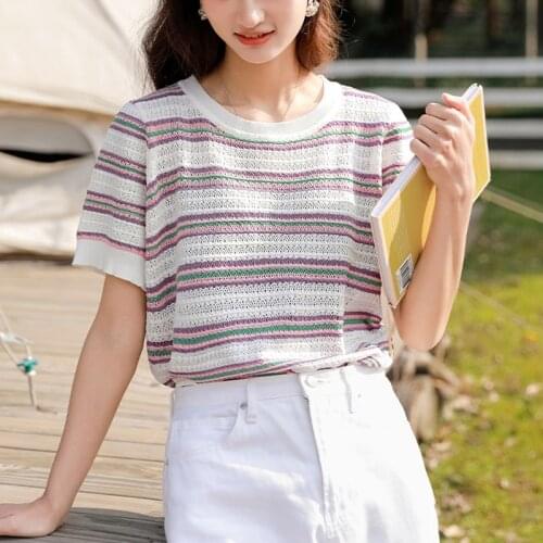 MASTGOU Fashion Color matching Summer Women T shirt Hollow Casual Knittes Short Sleeves Casual Top Breathable Female Tee Shirt