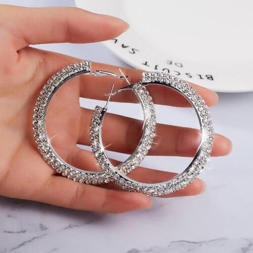 Rinhoo Big Crystal Hoop Earrings Double Row Full Rhinestone Large Hyperbole Circle Classic Earrings For Women Wedding Jewelry