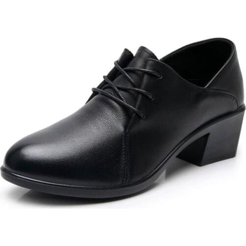 2020 Soft Cowhide Spring Shoes Women High Heel Shoes Non-slip Comfort Women Leather Shoes Fashion Elegant Lace--up Black Shoes