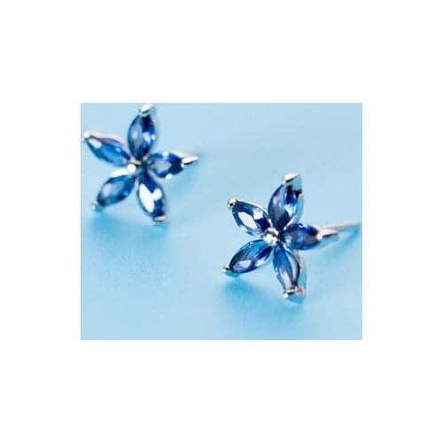 10MM 100% Real. 925 Sterling Silver Jewelry Prong Blue CZ five-petaled Flower Stud earrings C-E8018