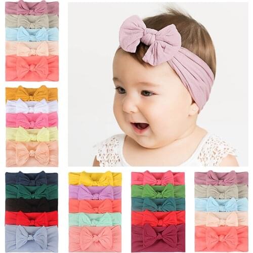 5pcs/lot 15*9 CM Baby Girls Comfortable Soft Elastic Nylon Hairband Solid Color Handmade Bowknot Infant Headband Bows Headwear