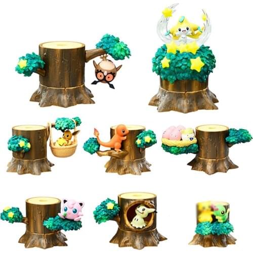 8Pcs/Set Mokurah Charmander Mimikyu Togepi Jirachi Pika Anime Figure in Forest Tree Pokemones Action Figure Dolls Toys Gifts