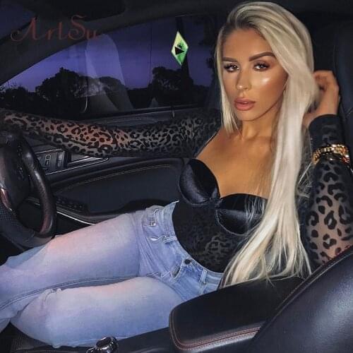 Artsu Velvet Body Transparent Leopard Mesh Sexy Bodysuit Women V Neck Long Sleeve Party Skinny Bodysuits Clothes ASDR70164