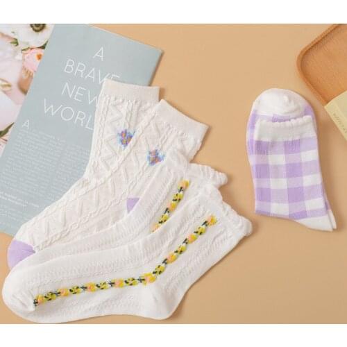 Summer Kawaii Lattice Socks Japanese Small Floral Girl Purple Socks Wpmen Sweet Cute Harajuku Lotus Leaf Retro Lolita Crew Socks