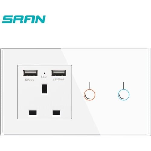 SRAN UK 13A Usb wall socket and switch 1Gang 1 Way touch Light switch glass panel 146*86mm smart home control