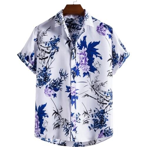 2021 New Mens Stand Collar Short Sleeve Shirt Ethnic Style Series Printed Shirt