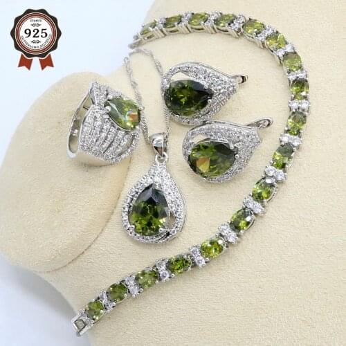 New Olive Green Zircon Silver Color Jewelry Set for Women with Bracelet Earrings Necklace Pendant Ring Birthday Gift