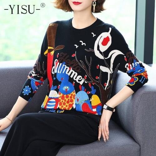 YISU Autumn Winter Cartoon Print Sweater women fashion O-neck sweater loose pullover women Long Sleeve knitted sweater