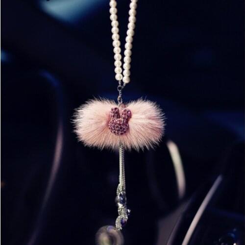 Rabbit Head Fur Charm Crystal Diamond Suspension Rearview Mirror Plush Hanging Ornaments Car Pendant Accessories