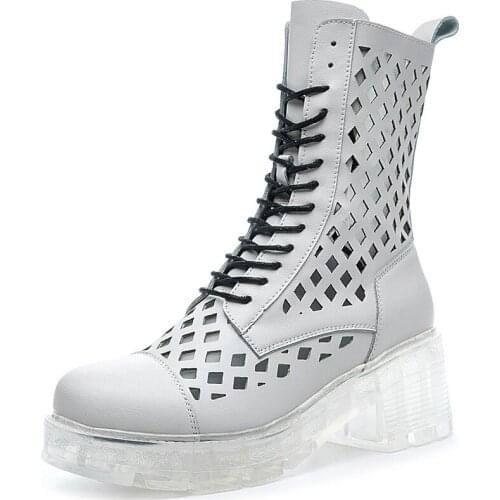 RASMEUP Genuine Leather Womens Fashion Boots 2020 Summer Fashion Transparent Sole Cutout Style Women Shoes Ladies Footwear