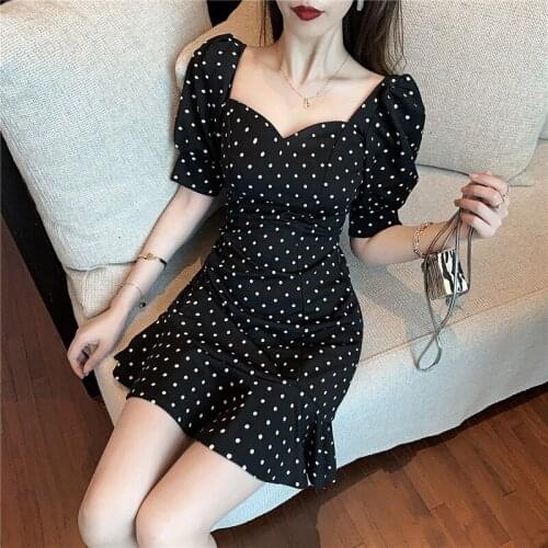 Real Shot 2021 New Fashion Womens Retro Polka Dot Waist Slimming A-Line V-Neck Bubble Short-Sleeved Dress