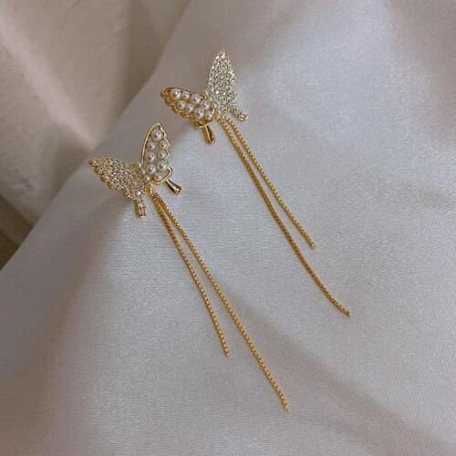 Korean Girl Earrings Fashion New Sale Earrings Pearl Crystal Butterfly Long Tassel Temperament Net Red Earrings Manufacturers