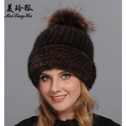 Real Mink and Raccoon Fur Ball Cap pom poms Winter Hat for Women Girl 's Hat Knitted Beanies Cap Brand New Thick Female Cap