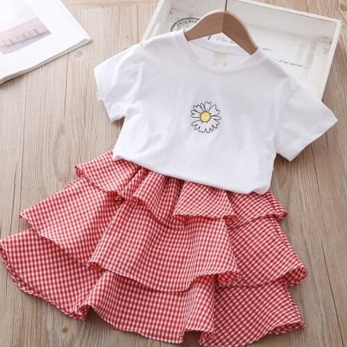 Thunderers Fashion Summer Children Clothes Suits For Girls Flower Simple T-shirt Cake Plaid Skirt 2pcs Kids Clothing Set 3Y-8Y