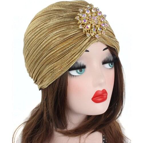 2020 Women Indian Turban Hat Head Wrap Pleated Soft Velvet Hair Hijab Cap Headwear with Brooch Jewelry