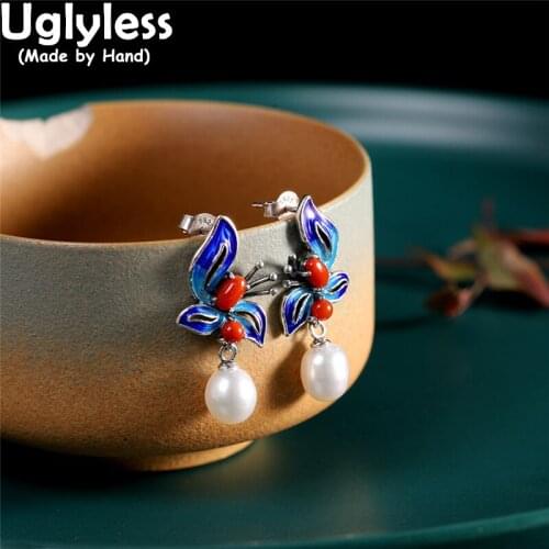 Uglyless Enamel Butterfly Flowers Earrings for Women Natural Agate Pearls Earrings Ethnic 925 Silver Brincos Bijoux Retro Jewel