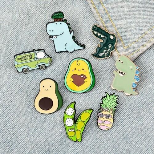 Spring Enamel Pins Custom Cartoon Avocado Pea Pineapple Dinosaur Bus Animal Brooches Bag Lapel Pin Fun Badge Jewelry Gifts Kids