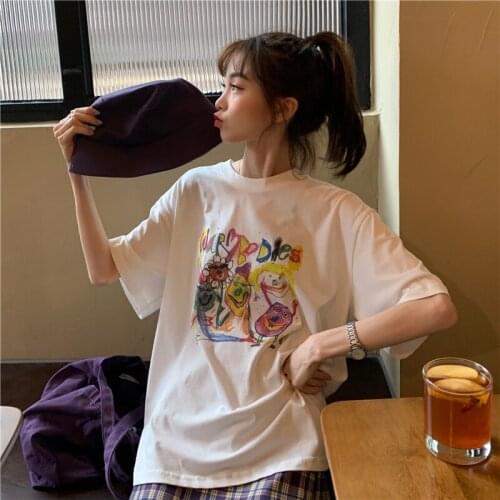 Woman Tshirts Summer New Style Korean Printed Loose White Short-sleeved T-shirt Mid-length Bottoming Shirt Women
