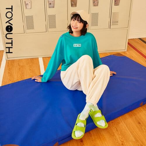Toyouth Women Pullovers Sweatshirt 2021 Autumn Long Sleeve Round Neck Solid Green 3D Letters Embroidery Print Short Hoodies