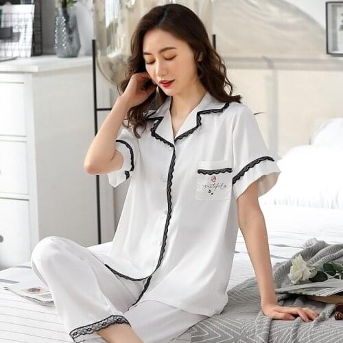 Women Lace Nightwear 2PCS Pajamas Suit Satin Sleepwear Intimate Lingerie Casual Sleep Set Long Sleeve Pyjamas Summer Home Wear