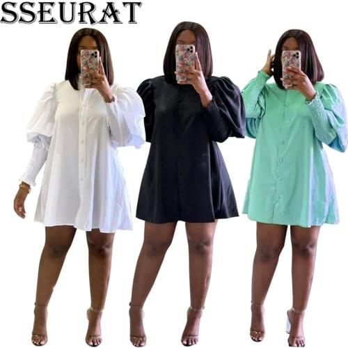 SSEURAT Women Mini Dress Solid Full Lantern Sleeve Single Breasted Loose Dresses Fashion Vestidos Casual Outfit Autumn