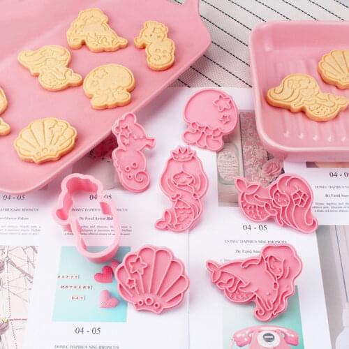 6pcs/set Cartoon Underwater World Mermaid Shape Cookie Cutter Set 3D Three-dimensional Plastic Push Type Fun Baking Molding Tool