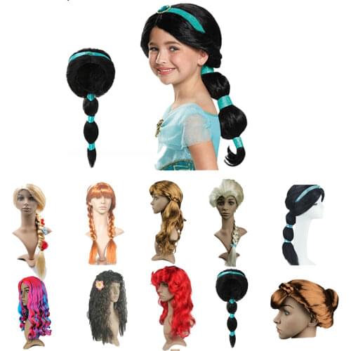 Girls Princess Dress up Accessories Jasmine Elsa Anna Moana Mermaid Wig Kids Halloween Christmas Party Cosplay Costume Prop Wigs