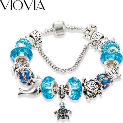 VIOVIA Sea Series Bracelet& Bangles Blue Crystal Dolphin Charm Bracelet for Women Tortoise Pendant Jewelry B17015