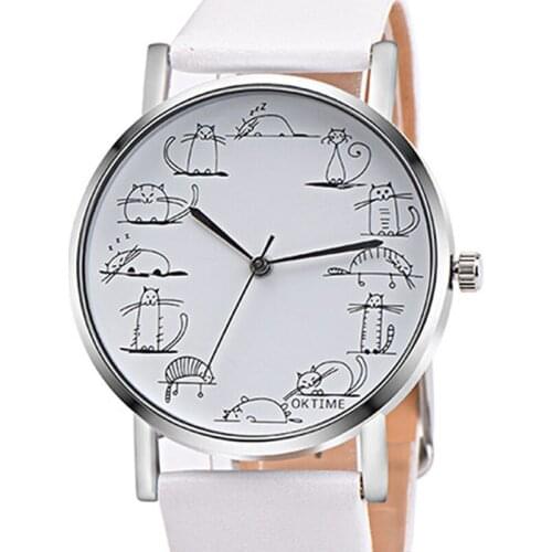 Fashion Cute Cat Watches Women Casual Watches White Leather Band Quartz Watch Ladies Watches Clock Cheap Price Relogio Feminino