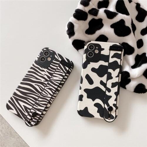 Zebra Leopard Milk Pattern PU Leather Phone Case For iPhone 12 11 Pro XS MAX X XR 7 8 Plus SE2 Cover Hand Band Wrist Strap Women