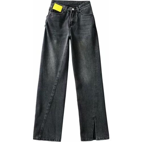 Spring and summer new fashion leather brand asymmetrical split jeans women, solid color casual high-waisted wide-leg jeans women