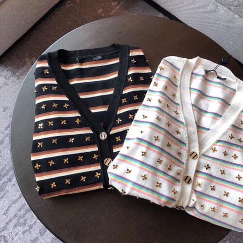 Women Knitted Cardigan Female V Neck Shirt Thin Loose Top female cardigan coat Lady Long Sleeve Sweater V-Neck rivet Striped