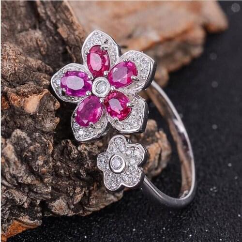 Flower Ring Ruby ring Free shipping Natural and real ruby 925 sterling silver Fine jewelry Gem 3*4mm 5pcs