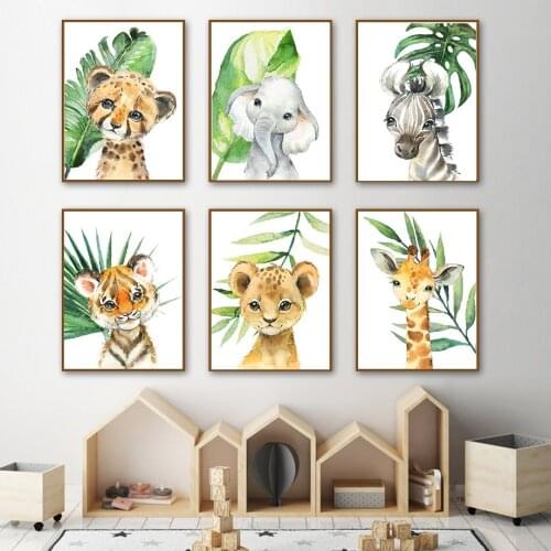 Lion Giraffe Elephant Zebra Leaf Jungle Animals Nordic Posters And Prints Wall Art Canvas Painting Wall Pictures Kids Room Decor