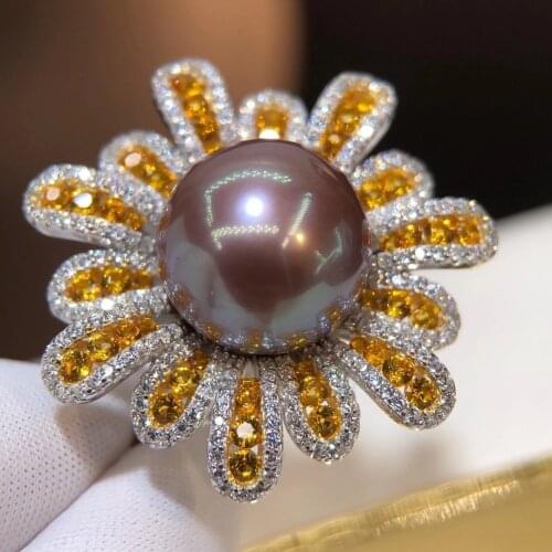 MJ Solid 925 Sterling Silver Round 13-14mm Nature Fresh Water Purple Pearl Rings for Women Fine Birthday Presents