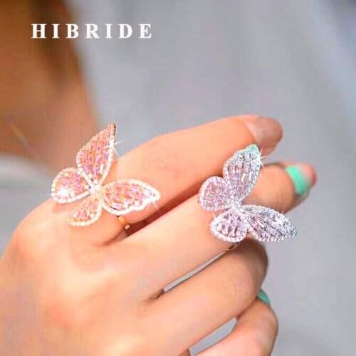 HIBRIDE Fashion Hollow Out Butterfly Shape Cubic Zircon Stud Earring Bangle Adjustable Rings Jewelry Sets Luxury Jewery N-608